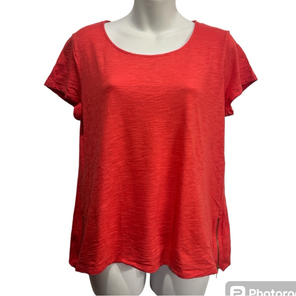 Chico’s red 
orange tee shirt with zipper detail. Size 1 or medium